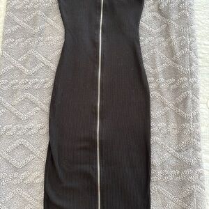 Heart Hips Black Ribbed Midi Dress with Silver Front Zip